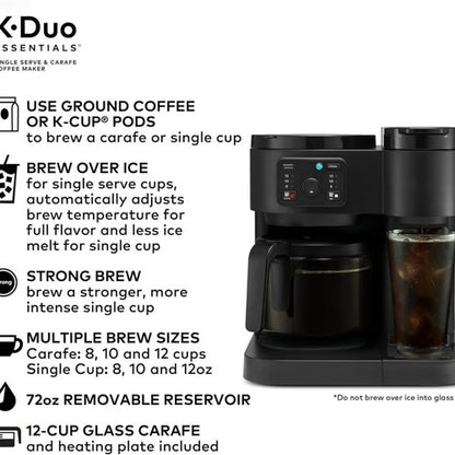 K-Duo Essentials Coffee Maker - Single Serve KCup Pod Brewer & 12-Cup Carafe | 72 oz Reservoir