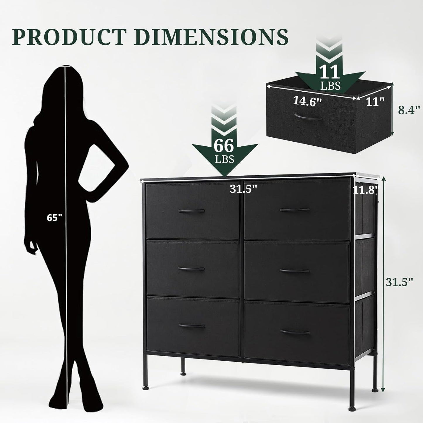 Skiennix 6-Drawer Dresser - Anti-Tip Storage Organizer with Wooden Top & Metal Frame | Black