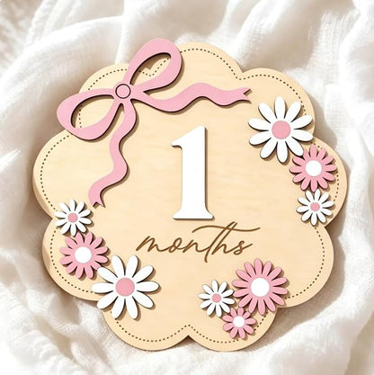 Monthly Milestone Sign Set for Girls with Pink Bow – 1–12 Months, Double-Sided Wooden Baby Photo Keepsake (Variation: Pink Flower01)