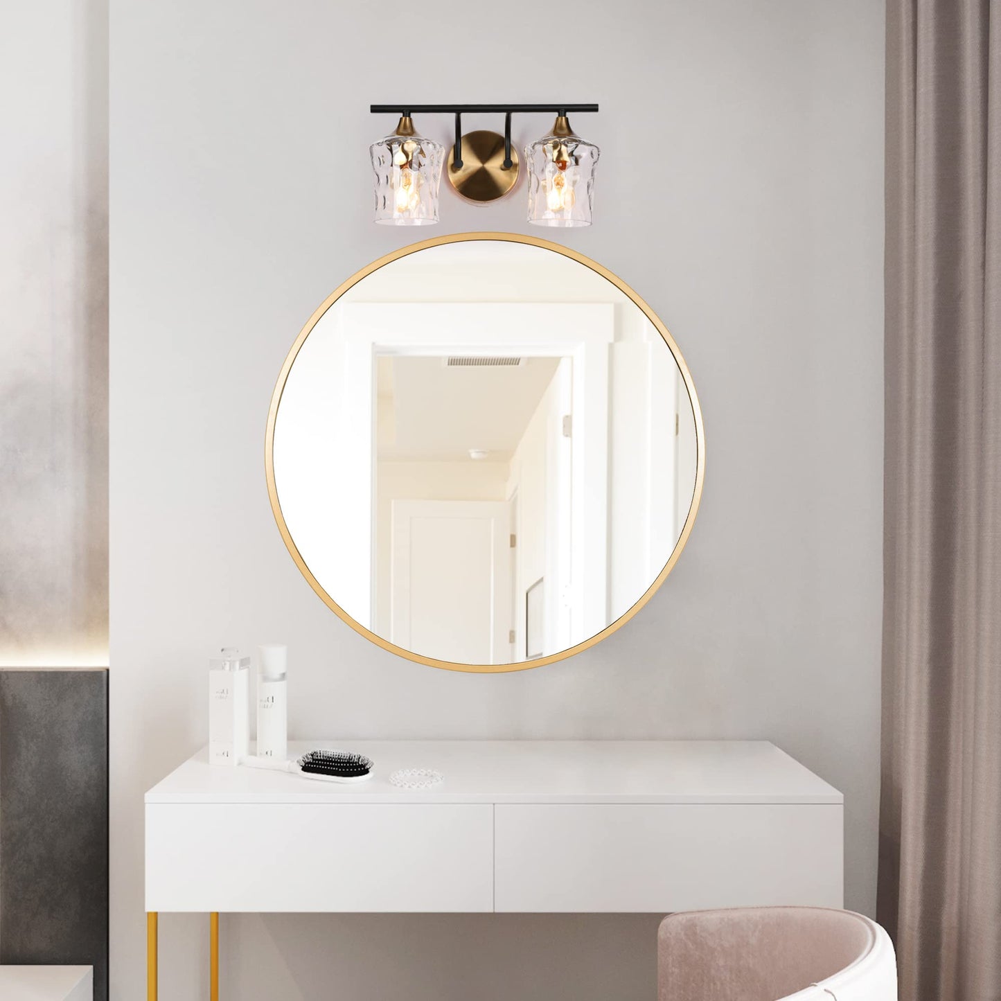 ZEVNI Bathroom Vanity Light, Black and Gold Vanity Light, 2-Light Bathroom Lights Over Mirror with Hammer Glass Shades