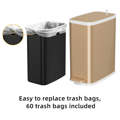 KdbK Champagne Gold Bathroom Trash Can with Lid Soft Close,1.6 Gallon Slim Garbage can,Small Metal Step Wastebasket for Office, Bedroom, Toilet, Live Room