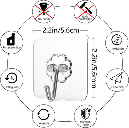 Strong Adhesive Wall Hooks by 30-Pack | Heavy Duty Self-Adhesive Towel & Coat Organizer - Transparent