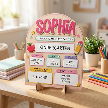 Personalized First Day of School Sign - Reusable Wooden Milestone Board, Pink Variation