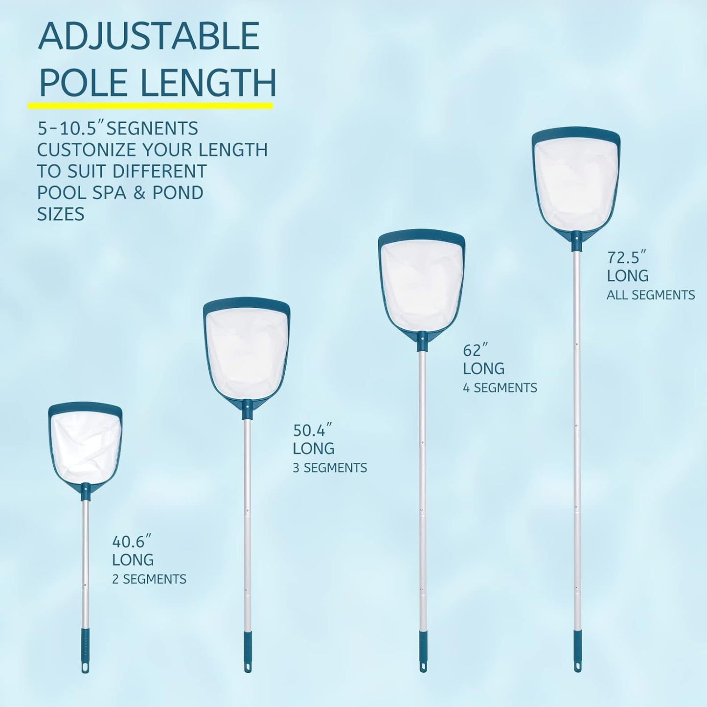 POOLWHALE Swimming Pool Leaf Net Skimmer Rake - Adjustable Aluminum Pole & Fine Mesh for Easy Cleaning