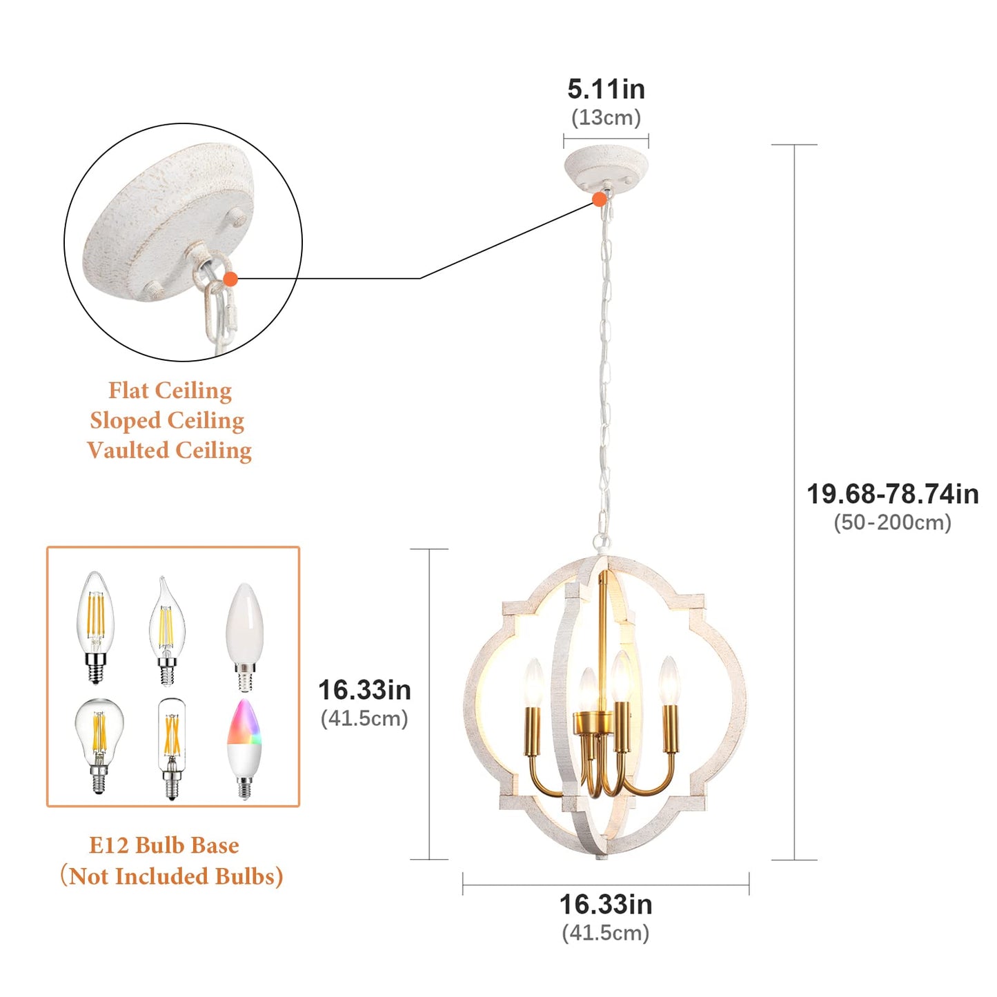 Rustic Farmhouse Chandelier 4 Light Vintage Gold and White Orb Wood Chandelier Hanging Light Fixtures Retro Flush Mount Ceiling Pendant Light for Dining Room Living Room Kitchen Entryway Hallway