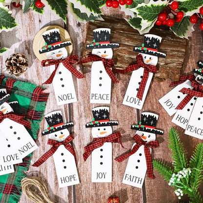 12Pcs Christmas Snowman Ornaments Set - Wooden Holiday Tree Decorations with Plaid Scarves - Farmhouse Winter Decor