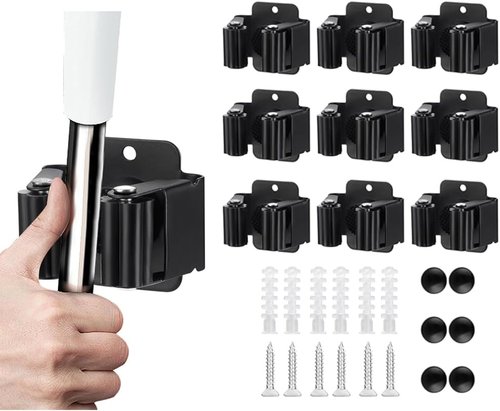 JAMEND Heavy-Duty Broom and Mop Holder | 9-Piece Garden Tool Organizer Rack in Matte Black
