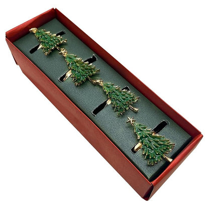Christmas Tree Napkin Rings Set of 4 - Gold Alloy with Green Enamel & Star Topper (Variation: Christmas Tree + Christmas Tree)
