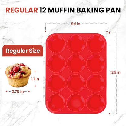 CAKETIME Silicone Muffin Pan - 3 Pack Regular 12 Cup Baking Tray for Muffins & Cupcakes