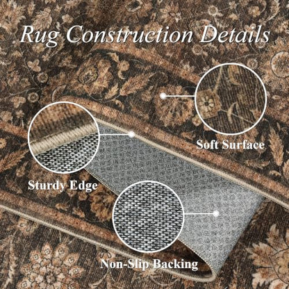 Warm Brown 2x5 Non-Slip Vintage Kitchen Rug Runner - Washable Floor Mat