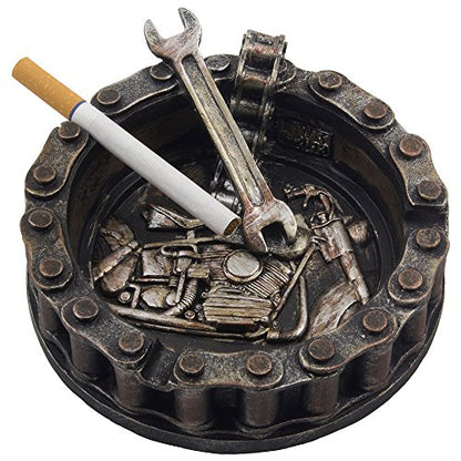 Motorcycle Chain Ashtray with Wrench and Bike Motif - Biker Bar Decor