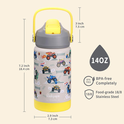 Rockpapa 14 Oz Kids Insulated Water Bottle - Stainless Steel, BPA-Free, Leak-Proof | Grey Trucks Design
