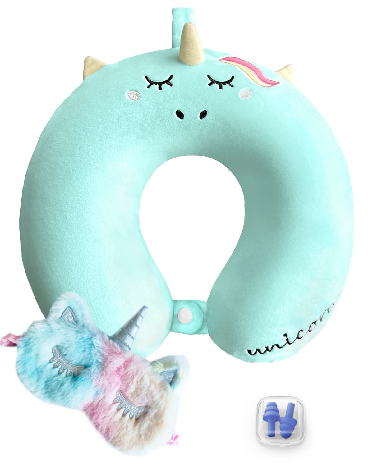 urnexttour Neck Travel Pillow for Kids, Unicorn Airplane Memory Foam Pillow with Cute Sleep Mask & Earplugs, Lightweight Travelling Sleeping Pillow Set for Car, Train, Bus and Home Use (Blue)