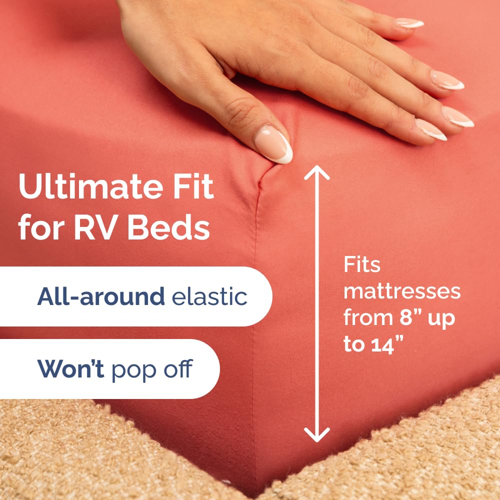 RV Short Queen Sheet Set 60 X 75 - 4 Piece RV Short Queen Bed Sheets - Soft, Breathable & Cooling - Designed for Bunks, Trailers and Campers - Fits 8” to 12" Mattress - Hotel Luxury Bedding - Coral
