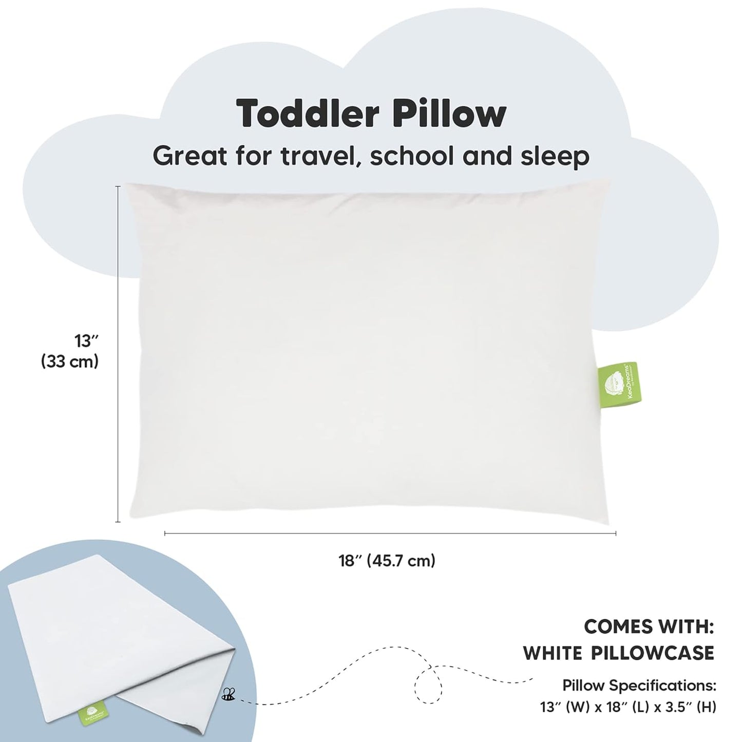 My Little Dreamy Toddler Pillow - Organic Cotton Travel Bed Pillow with Soft Pillowcase | 13x18, Machine Washable, Ideal for Ages 2-5 (Soft White)