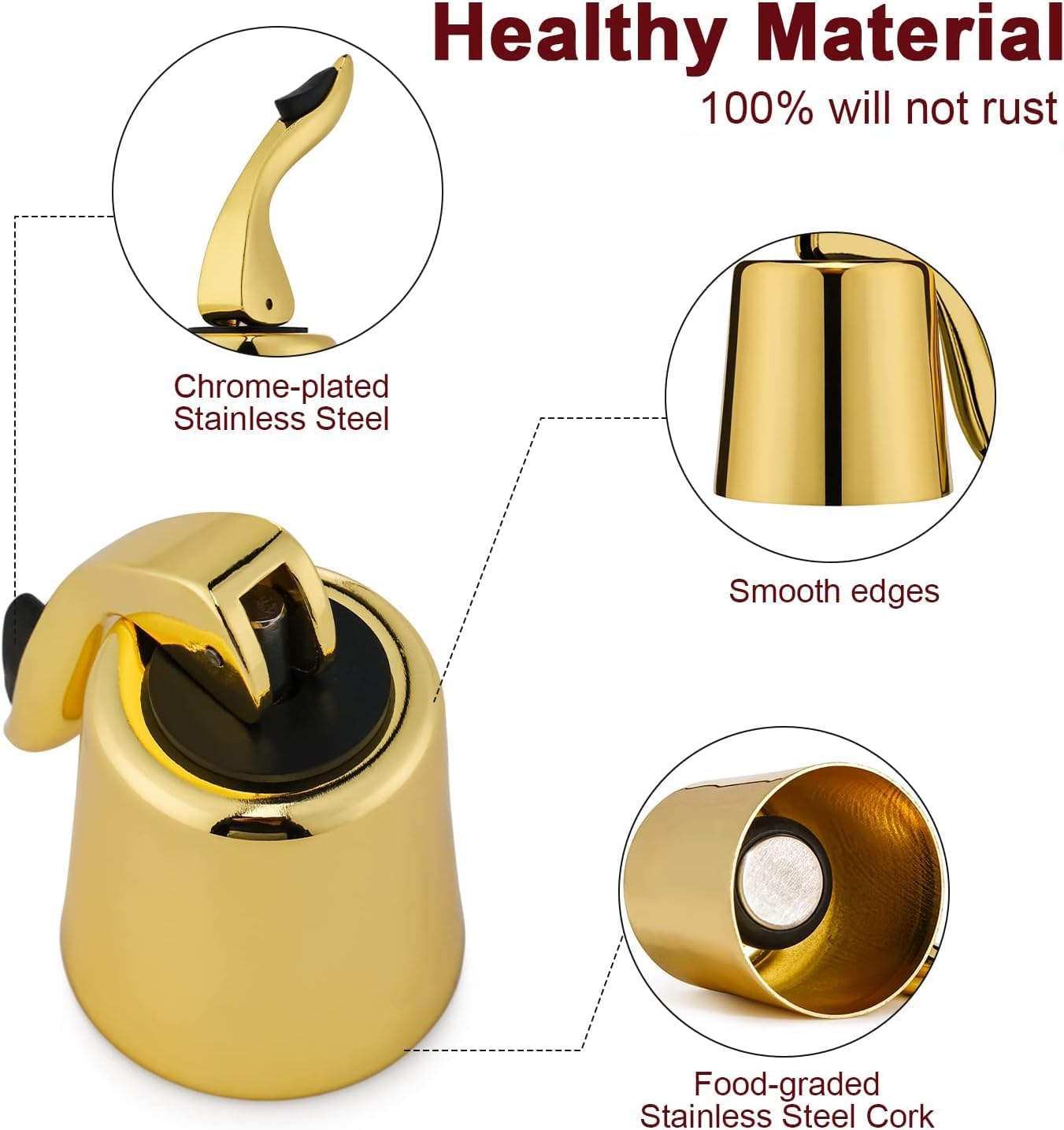 Wine Stoppers for Wine Bottles with Stainless Steel Vacuum Wine Bottle Stopper with Silicone Reusable Wine Corks, Leak proof Keep Fresh Suitable for Red&White Bottle (Gold, 3 Pack)