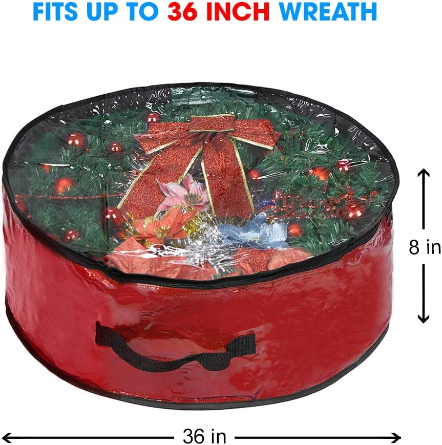 Propik Christmas Wreath Storage Bag - Tear-Resistant Holiday Container with Clear Window | 36" X 36" X 8" (Red)