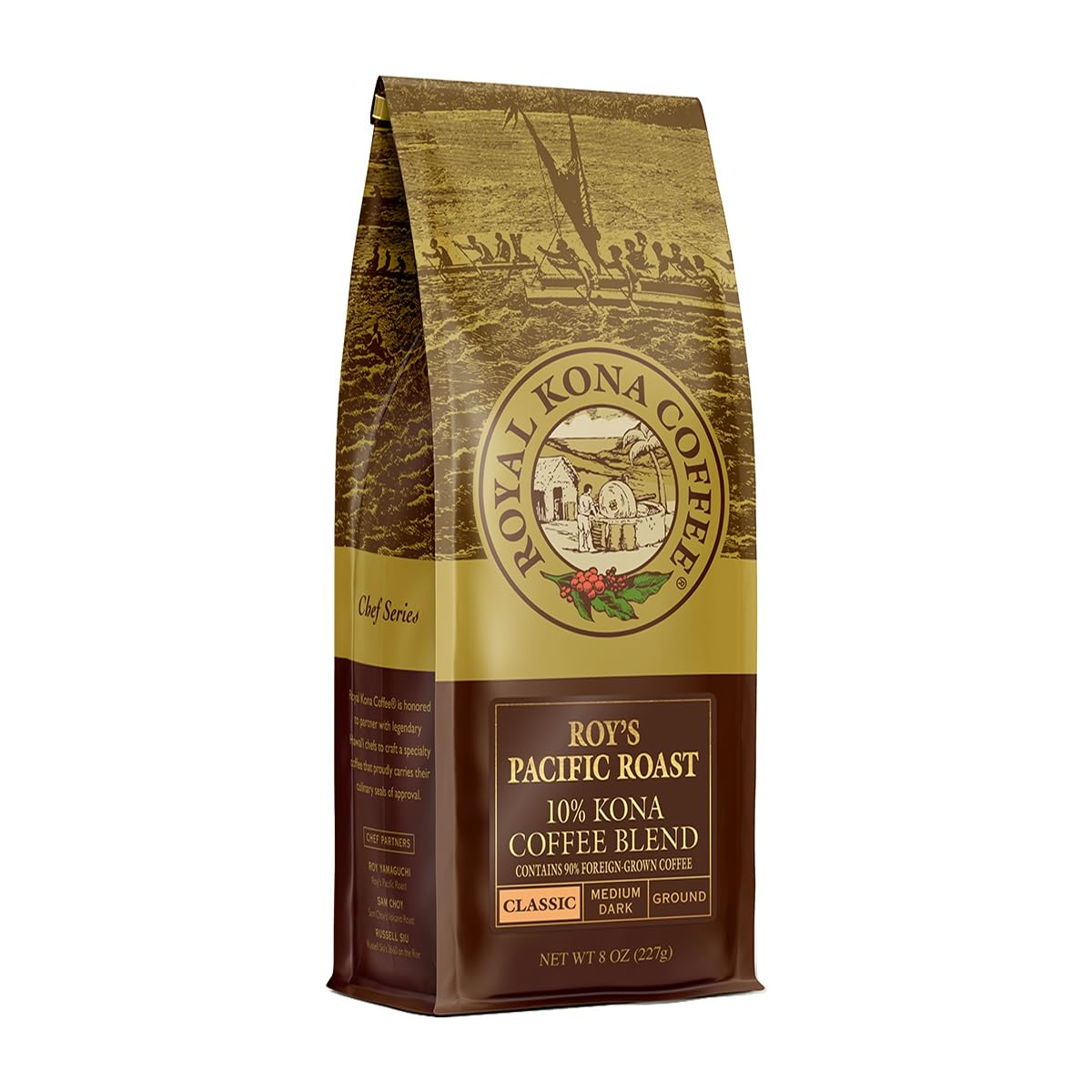 Royal Kona 10% Kona Coffee Blend, Roy's Pacific Roast, Ground, 8 Ounce Bag