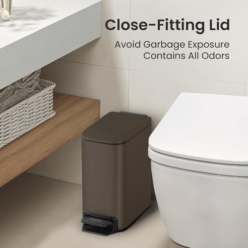 Cesun Small Bathroom Trash Can - Soft Close Lid & Step Pedal, 6L Stainless Steel | Anti-Fingerprint Finish (Brown)