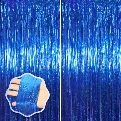 Laser Blue Foil Fringe Backdrop Curtains - 2 Pack 3.3x8.2 Feet - Variation of Laser Blue / 2