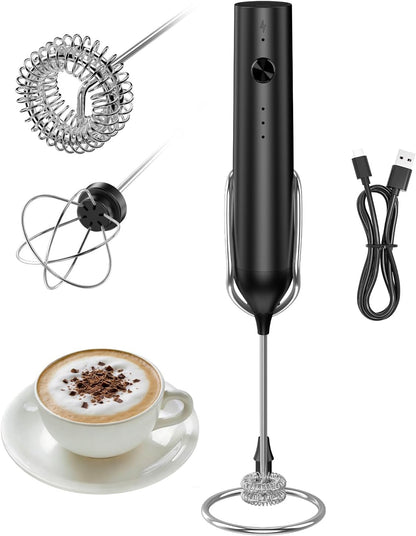 Skiennix Rechargeable Milk Frother - Handheld Electric Whisk with 3 Speeds & 2 Heads | Black