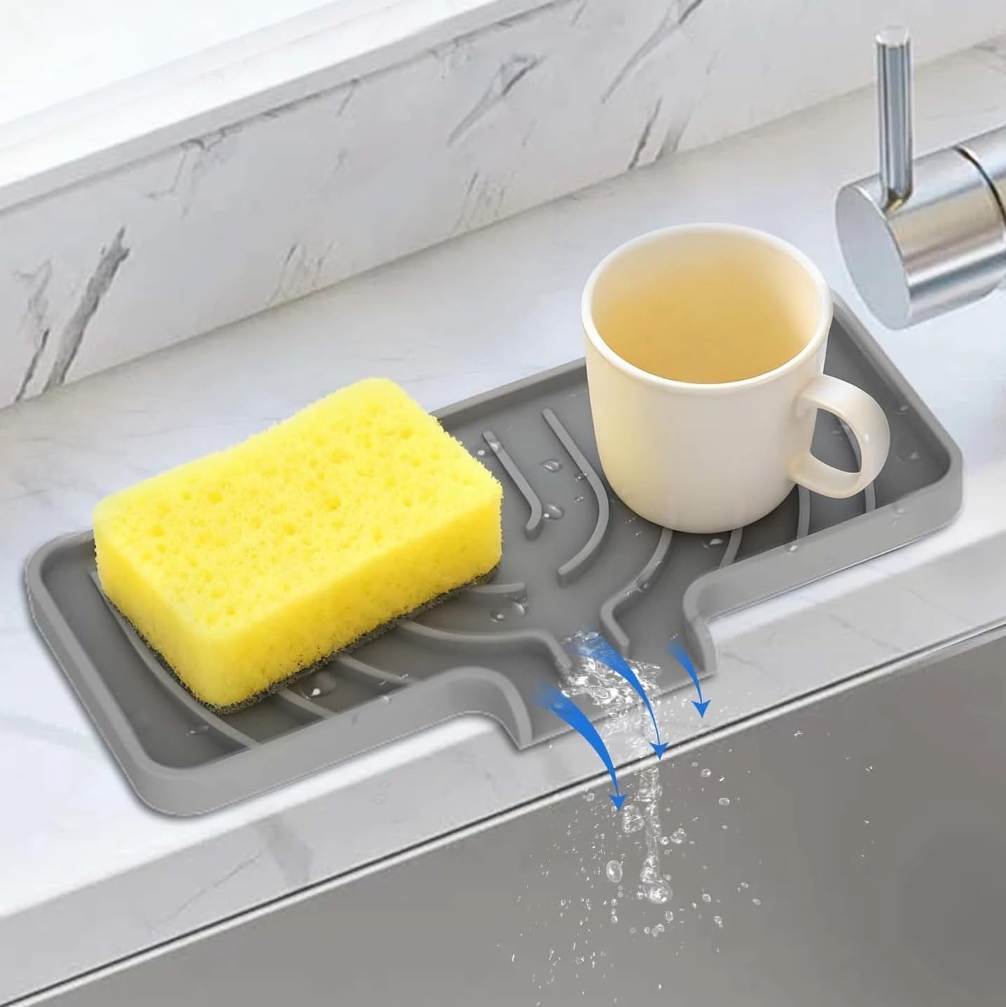 Skiennix Silicone Sponge Holder - Self-Draining Kitchen Sink Caddy | Gray, 10"x4" Soap Tray