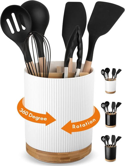 LoeJan Utensil Holder - 3 Compartment Ceramic Kitchen Organizer with Cork Bottom | Large White Crock