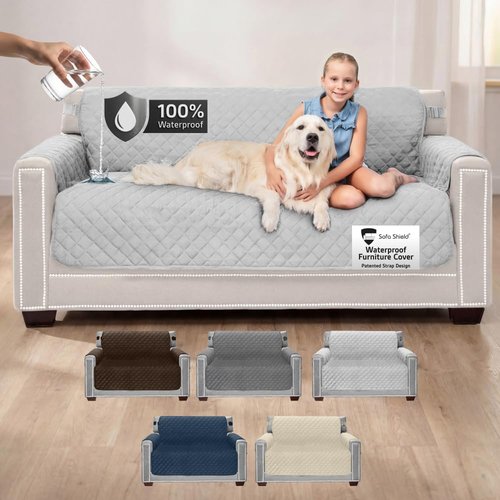 Sofa Shield 100% Waterproof Couch Cover, Patented Slip and Stain Resistant Cushion Protector Straps, US Designed Machine Washable Pet & Dogs Friendly Sofas Slipcover, 70 inch Seat, Light Gray