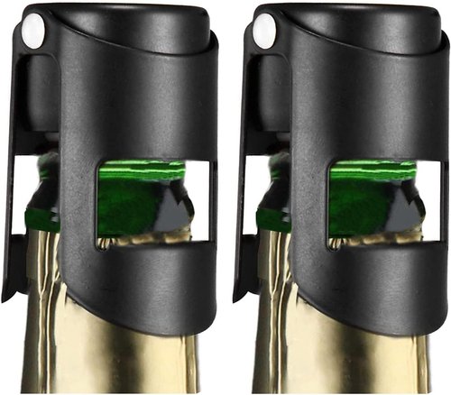 HYZ Champagne Stoppers 2Pack - Stainless Steel Sparkling Wine Bottle Stopper with Pure Silicone Air Tight Seal - Professional Wine Saver for Champagne，Prosecco and Cava (Black)
