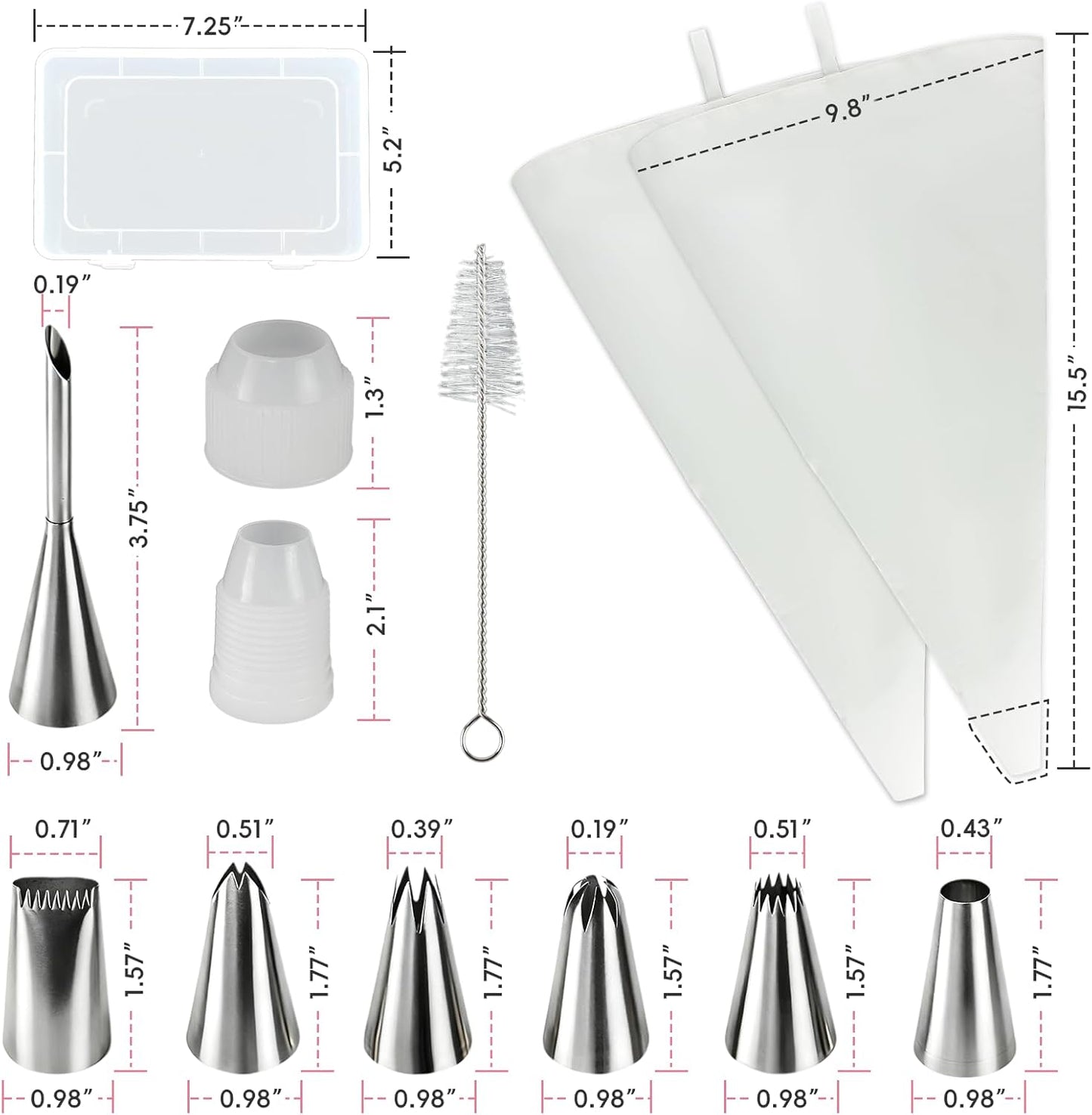 Skiennix Reusable Piping Bags Set - 16-Inch Pastry Bags for Cake Decorating | 15-Piece Easy Clean Kit