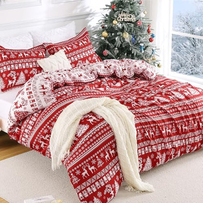 Christmas Reindeer Duvet Cover King Size - Red & White Microfiber Bedding Set with Reversible Holiday Print - STARBEDIA
