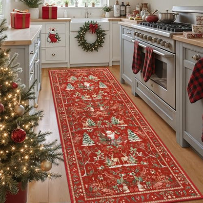 2'7" x 8" Christmas Runner Rug - Red Holiday Reindeer & Santa Design, Washable, Non-Slip, Low Pile