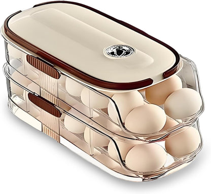 Skiennix Egg Holder - Automatic Rolling Egg Dispenser with Lid & Handle | Stackable for Fridge & Pantry Storage