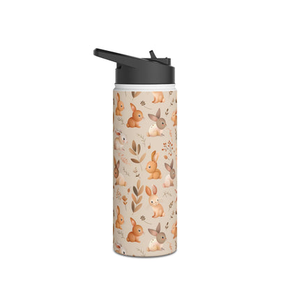 Insulated Water Bottle Thermos, 18oz, Cute Bunny Rabbits - Double Walled Stainless Steel, Keeps Drinks Hot or Cold