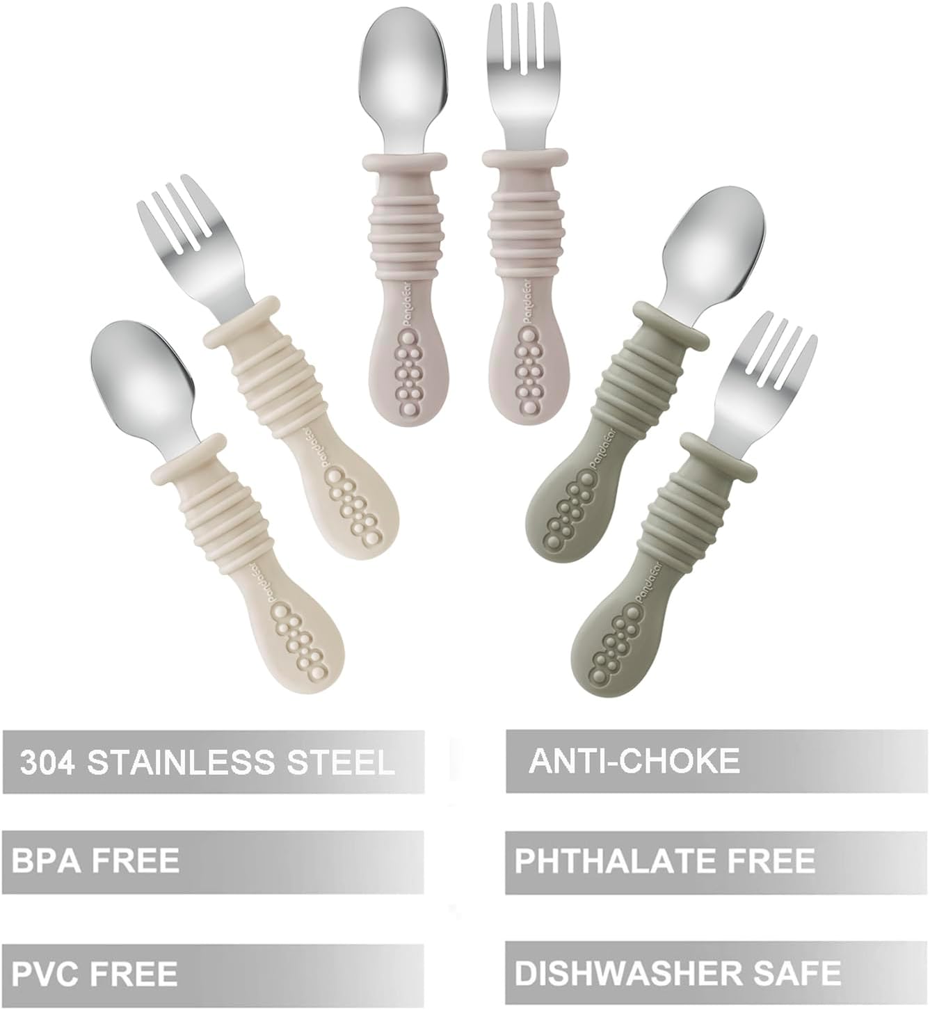 PandaEar Toddler Fork and Spoon Utensil Set - BPA-Free Silicone & Stainless Steel | 6 Pack in Walnut, Linen & Brown