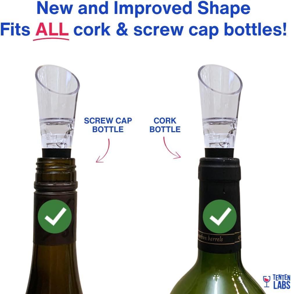 Red Wine Aerator Pourer and Wine Stopper (2-pack) by TenTen Labs - Premium Wine Decanter Set with Bottle Stopper and Re-corker - Gift Box Included (Black)