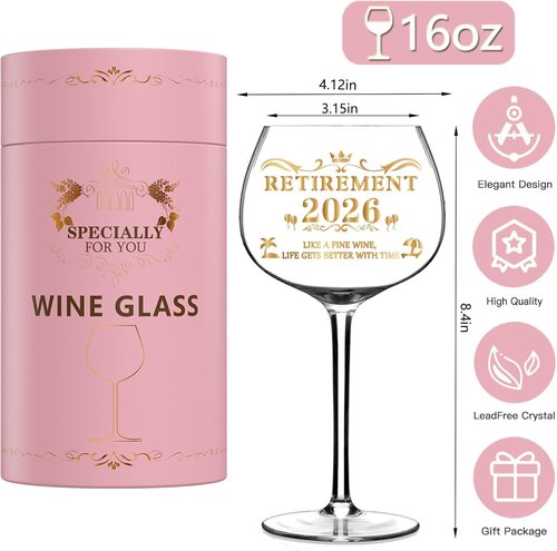 2026 Retirement Gifts for Women, Personalized Art Words Red Wine Glass Set, Pink Gift Package with Goblet, Key Chain, Wine Bag, and Farewell Card for Retired Woman