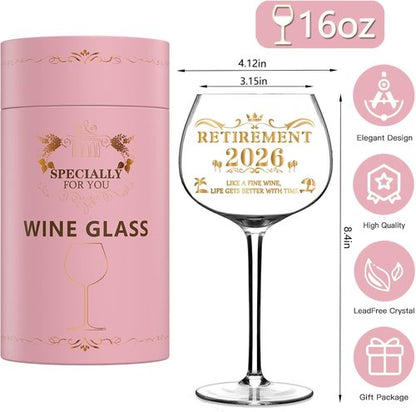 2026 Retirement Gifts for Women, Personalized Art Words Red Wine Glass Set, Pink Gift Package with Goblet, Key Chain, Wine Bag, and Farewell Card for Retired Woman