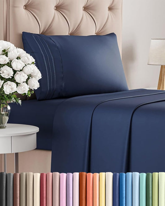 Twin Size 3 Piece Sheet Set - Comfy Breathable & Cooling Bed Sheets Set - Hotel Luxury Bedding for Women, Men, Kids, Teens, Boys & Girls - Deep Pockets, Ultra-Soft, Wrinkle Free - Oeko-Tex - Navy Blue