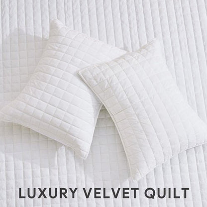 RECYCO Luxury Velvet Quilt Set Full Queen Size Bedding Sets, Ultra Soft Velvet Comforter Set, Lightweight Channel Box Stitch Oversized Bedspread Coverlet for All Season, with 2 Shams, Bright White