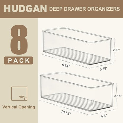 Hudgan Clear Plastic Drawer Organizers Set - Stackable Deep Organizers for Makeup & Desk | 8 Pack, 2 Sizes