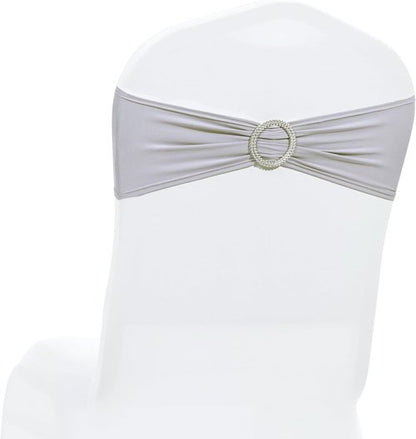 MDS Premium Stretch Chair Sashes - Pack of 25 Light Silver Bow Covers for Weddings & Events