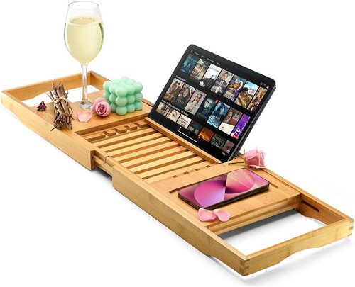 Luxury Foldable Bathtub Tray Caddy - Waterproof Wooden Organizer for Wine, Books & Phones | Fits Most Tubs