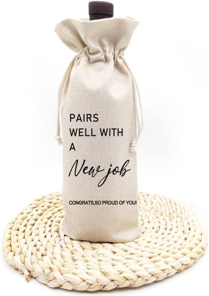 Socive Pairs Well with New Job Wine Bag, Burlap Wine Bottle Bag for New Job, Gift for Her Him, Congrats on the Coworker, Boss, Friends, Colleague