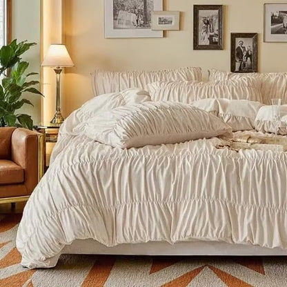 Full Beige Ruched Duvet Cover Set 3 Pieces with Pillowcases - Luxury Bedding