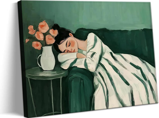 Skiennix Green Woman Canvas Wall Art - Vintage Abstract Cozy Decor | Aesthetic Poster Print 16x24in