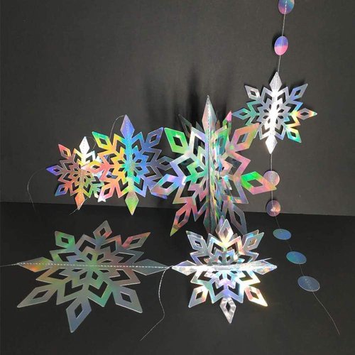 Cheerland Iridescent Snowflake Garland - Holographic 3D Streamers for Winter Wonderland Party Decor