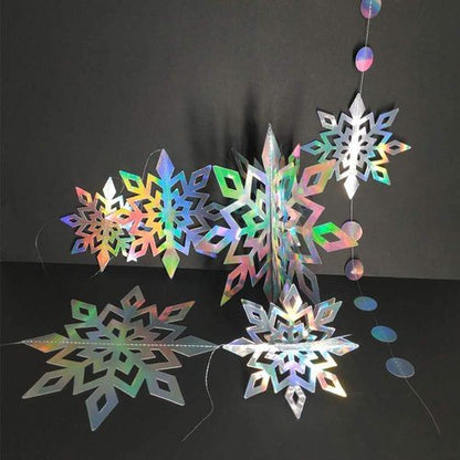 Cheerland Iridescent Snowflake Garland - Holographic 3D Streamers for Winter Wonderland Party Decor