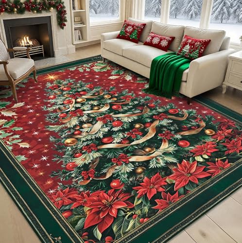 Christmas 5x7 Area Rug - Red Washable Non-Slip Vintage Floor Carpet for Living Room & Kid Room