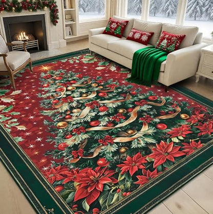 Christmas 5x7 Area Rug - Red Washable Non-Slip Vintage Floor Carpet for Living Room & Kid Room
